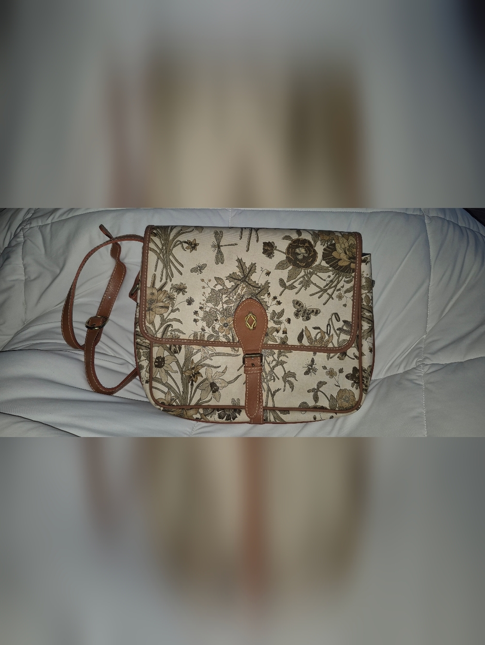 Vintage Gucci Cream Canvas Floral Satchel with Brown Leather Trim